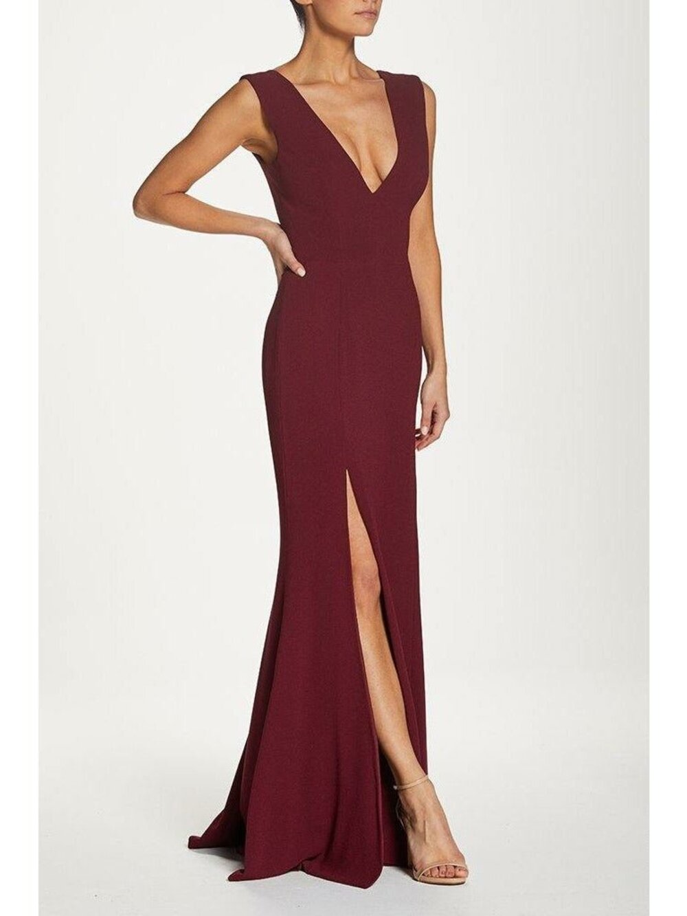 Dress the Population Sandra Plunge Crepe Trumpet Gown Burgundy XXS